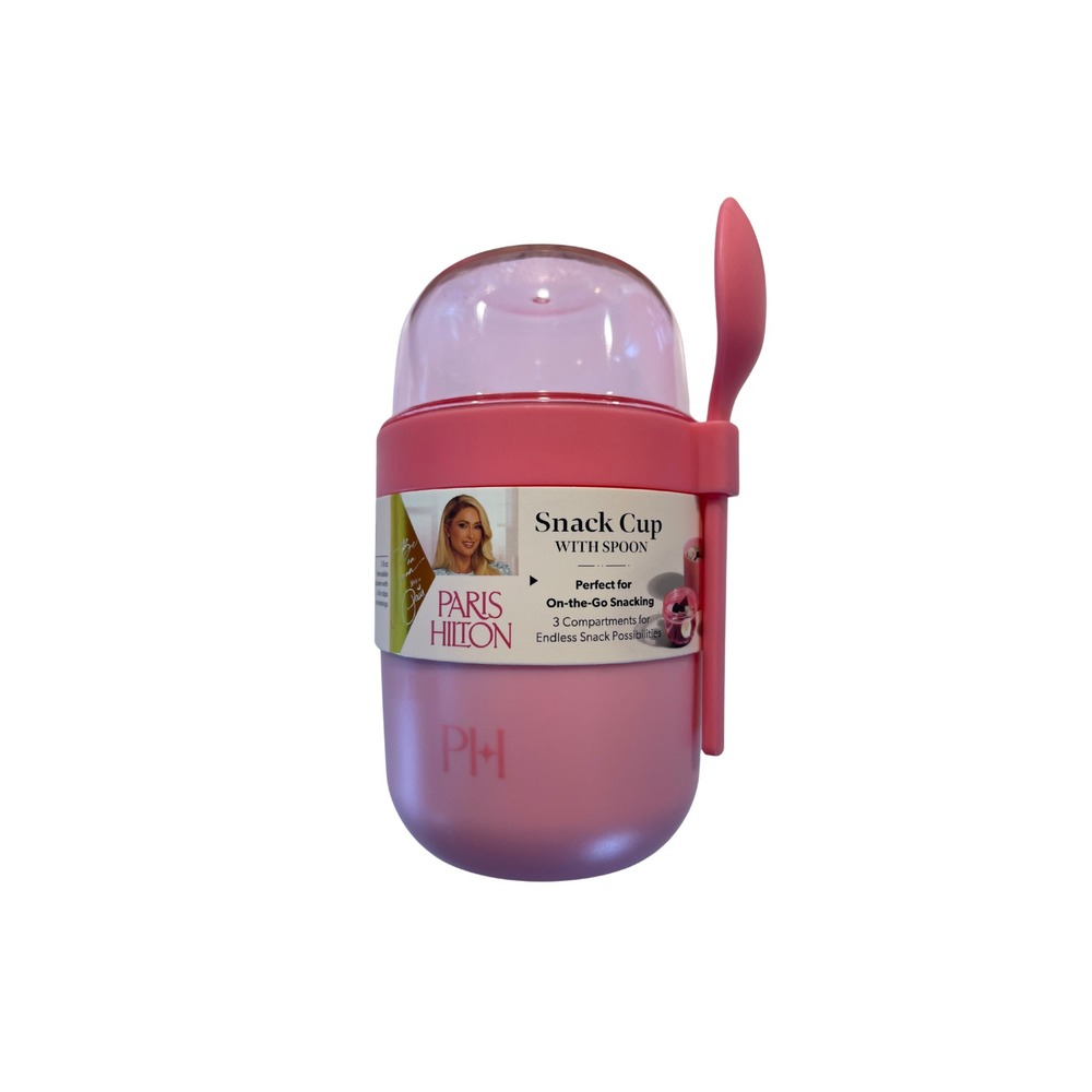 Paris Hilton Pink Snack Cup w/ Spoon On-The-Go‎ 9.4oz 3 Compartments New